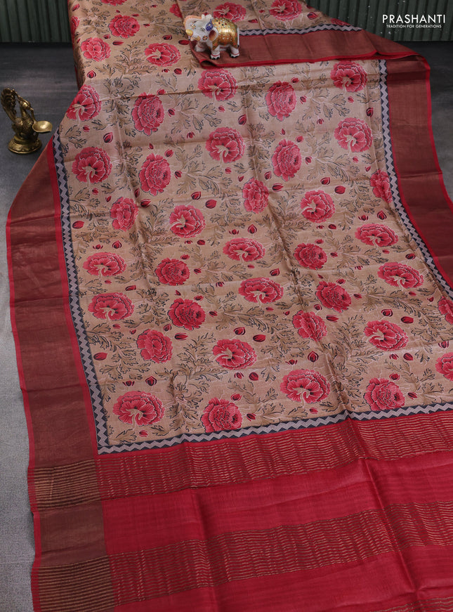 Pure tussar silk saree pastel brown and maroon with allover prints and zari woven border