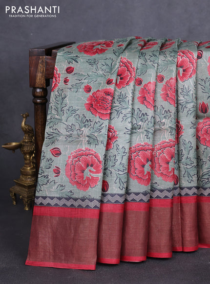 Pure tussar silk saree pastel green and maroon with allover prints and zari woven border