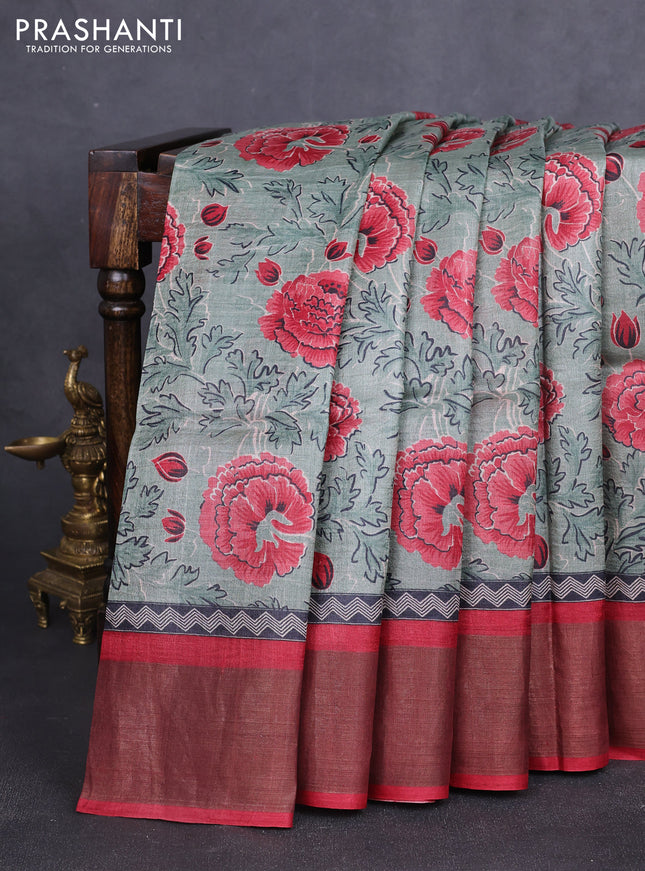 Pure tussar silk saree pastel green and maroon with allover prints and zari woven border