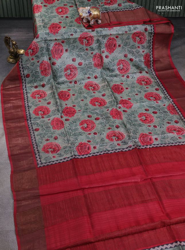 Pure tussar silk saree pastel green and maroon with allover prints and zari woven border