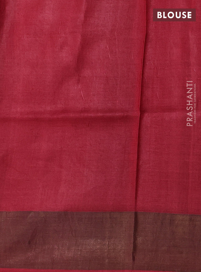 Pure tussar silk saree pastel green and maroon with allover prints and zari woven border