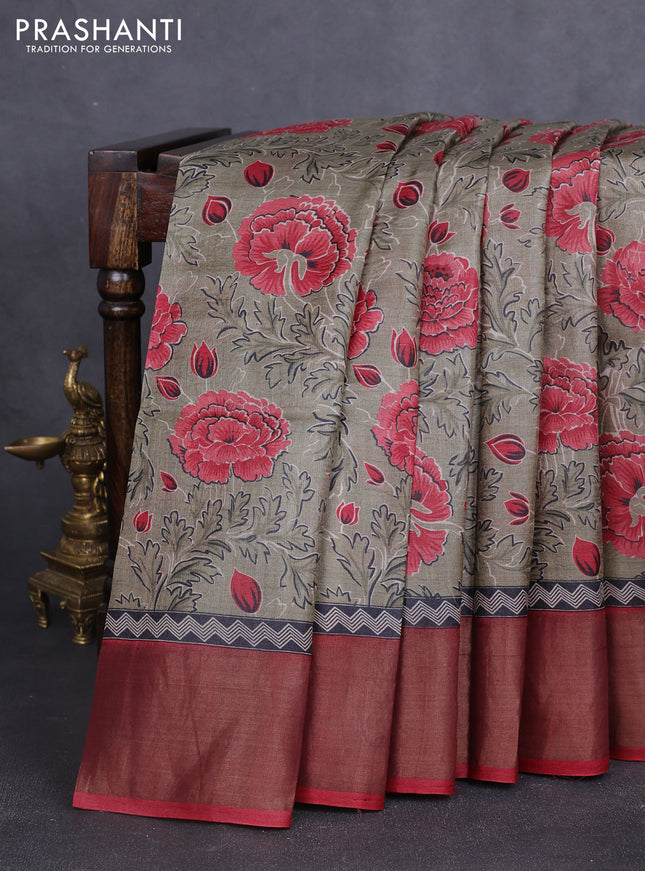 Pure tussar silk saree grey and maroon with allover prints and zari woven border