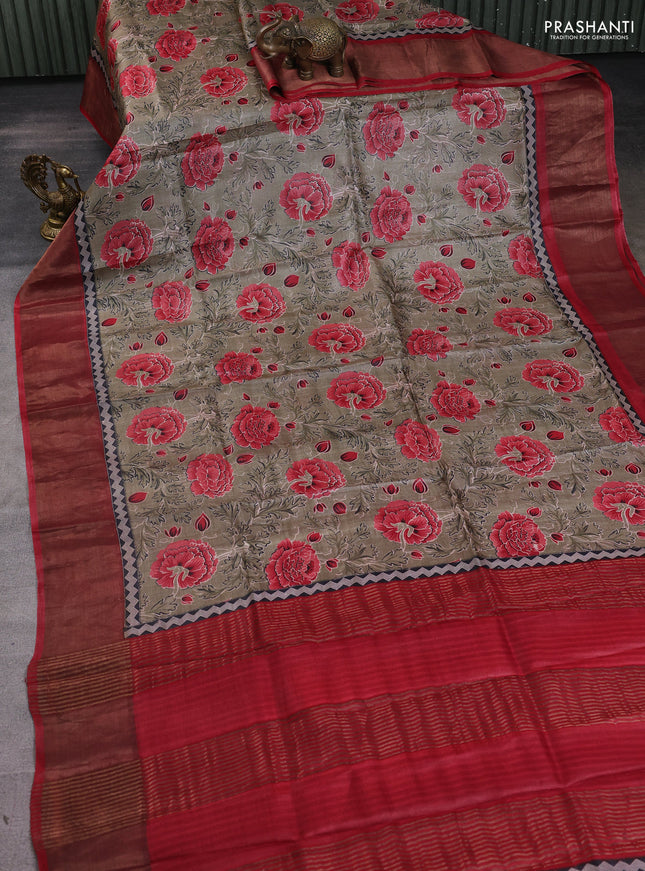 Pure tussar silk saree grey and maroon with allover prints and zari woven border