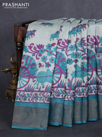 Pure tussar silk saree pastel shade of blue and teal green with allover pichwai prints and zari woven border