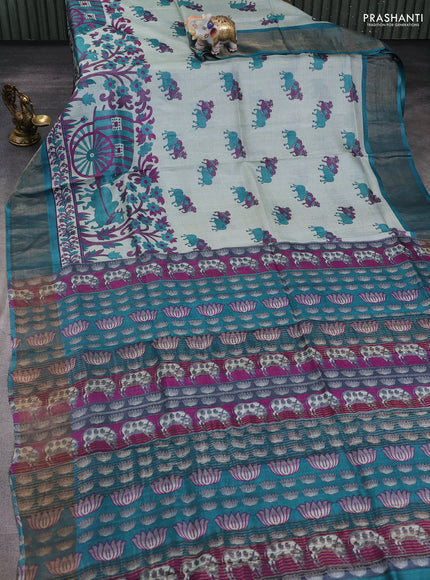 Pure tussar silk saree pastel shade of blue and teal green with allover pichwai prints and zari woven border