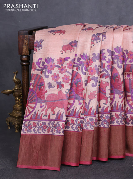 Pure tussar silk saree pastel peach and maroon with allover pichwai prints and zari woven border