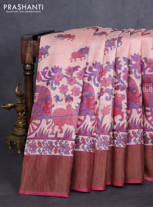 Pure tussar silk saree pastel peach and maroon with allover pichwai prints and zari woven border