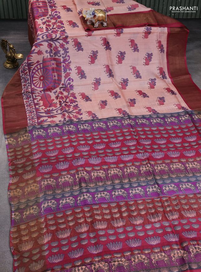 Pure tussar silk saree pastel peach and maroon with allover pichwai prints and zari woven border