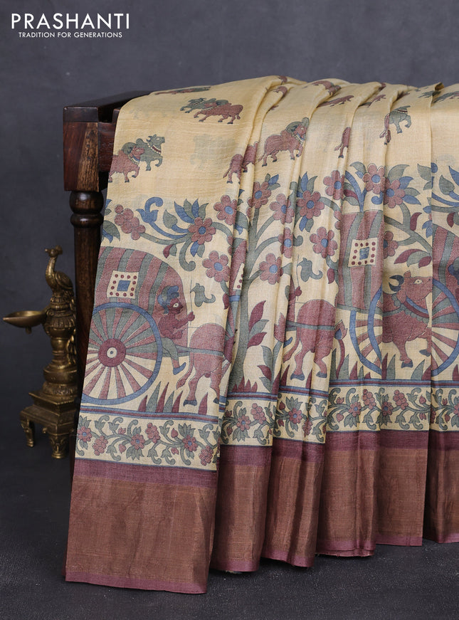 Pure tussar silk saree cream and coffee brown with allover pichwai prints and zari woven border