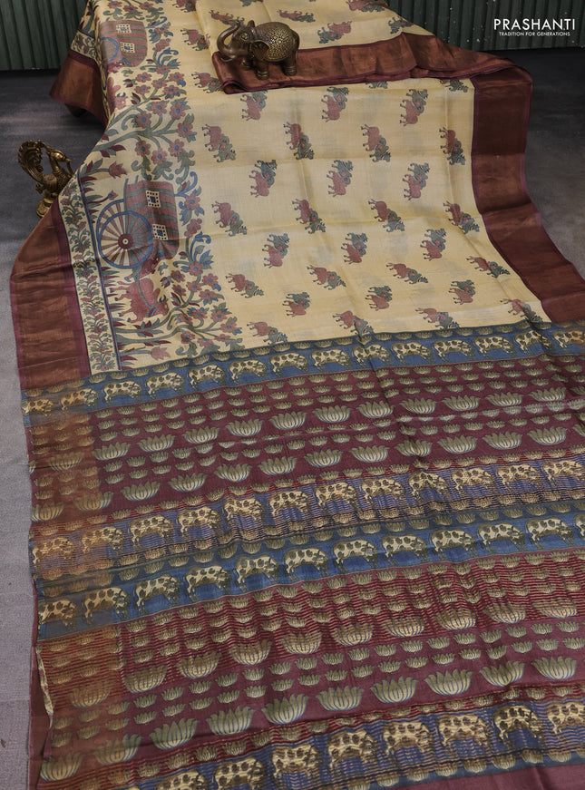 Pure tussar silk saree cream and coffee brown with allover pichwai prints and zari woven border