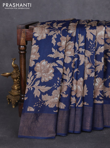 Pure tussar silk saree navy blue with allover prints and zari woven border
