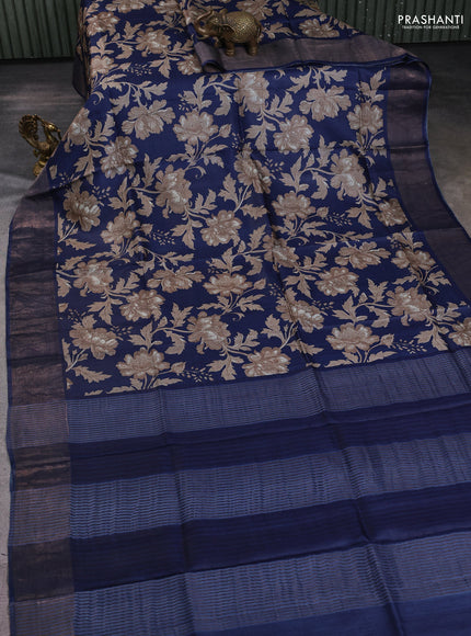 Pure tussar silk saree navy blue with allover prints and zari woven border