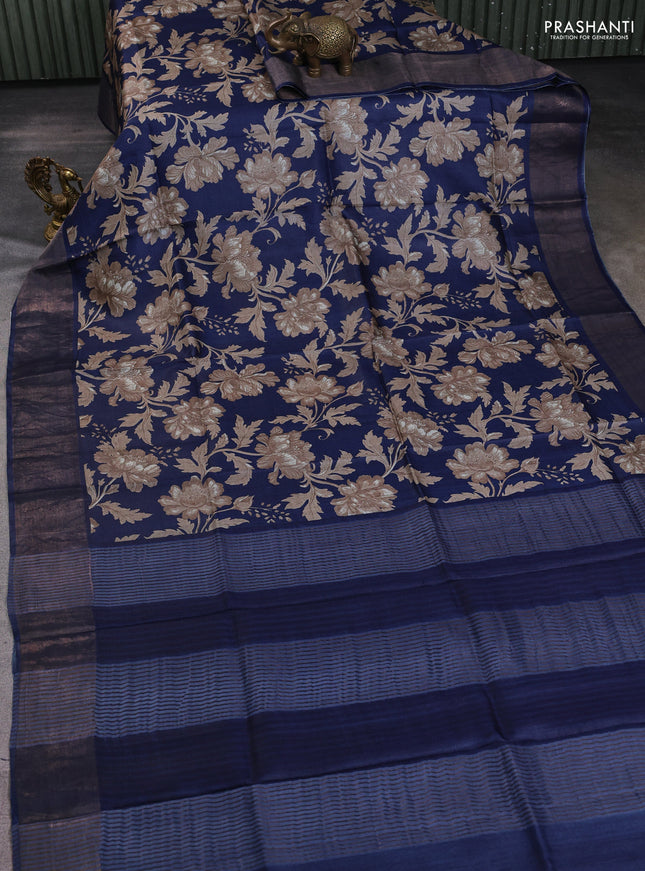 Pure tussar silk saree navy blue with allover prints and zari woven border