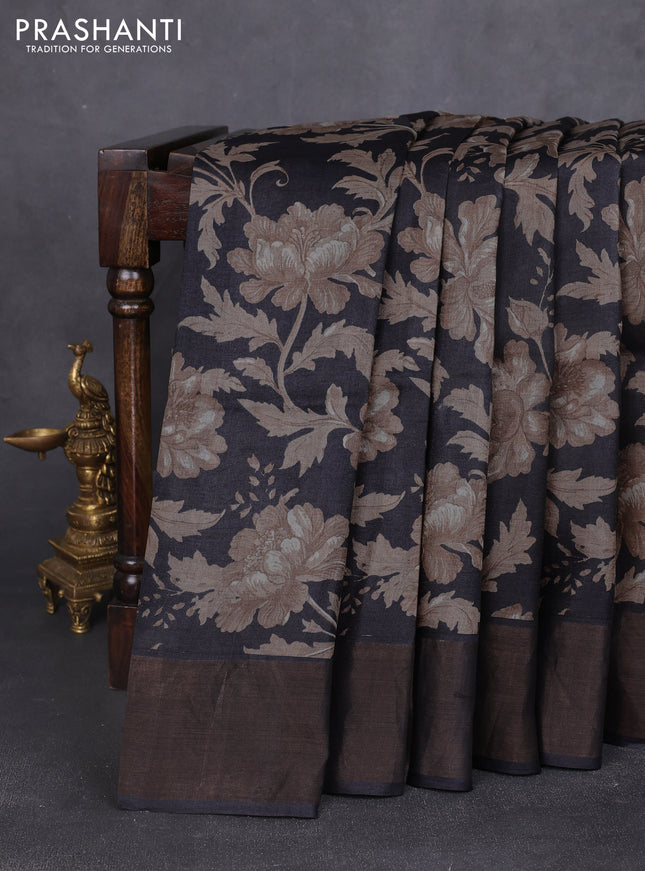 Pure tussar silk saree black with allover prints and zari woven border