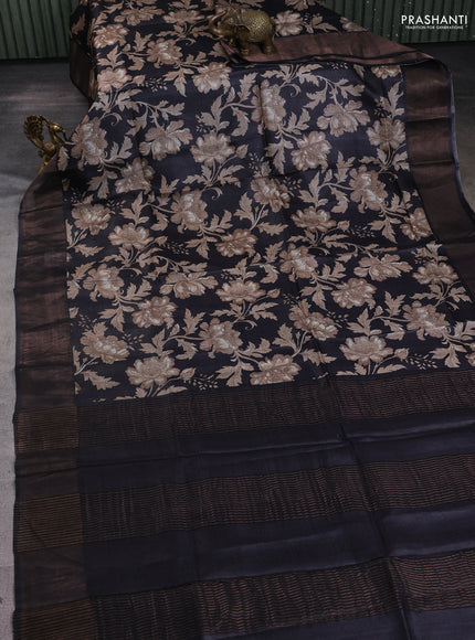 Pure tussar silk saree black with allover prints and zari woven border
