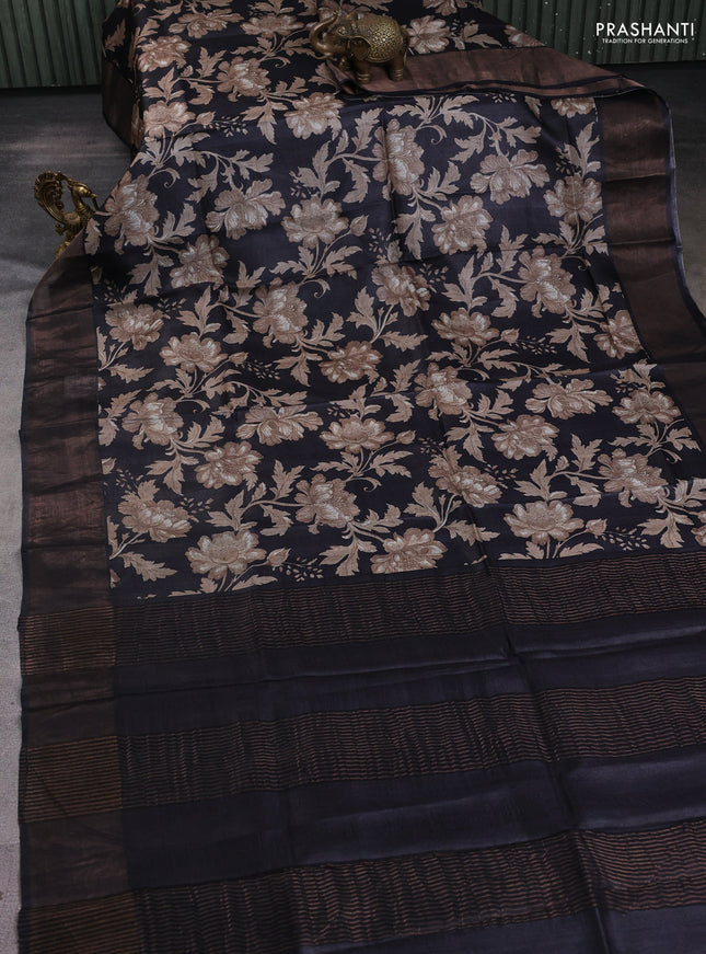 Pure tussar silk saree black with allover prints and zari woven border