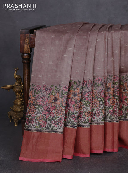 Pure tussar silk saree pastel brown and peach red with allover geometric butta prints and zari woven border