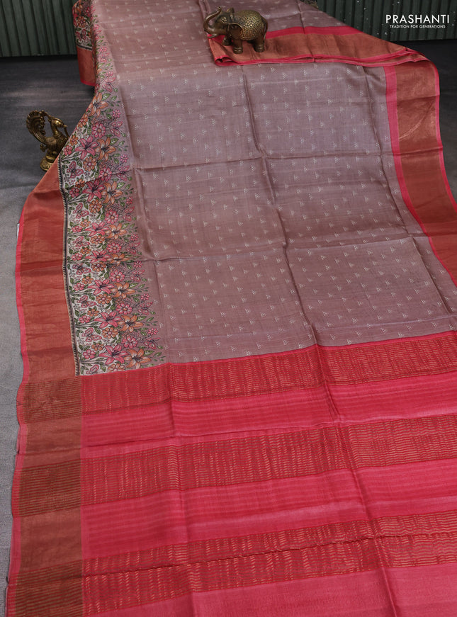 Pure tussar silk saree pastel brown and peach red with allover geometric butta prints and zari woven border