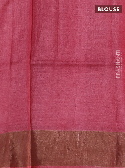 Pure tussar silk saree pastel brown and peach red with allover geometric butta prints and zari woven border