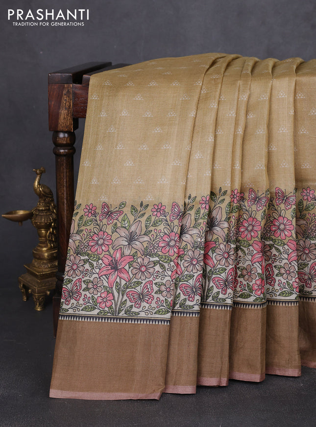 Pure tussar silk saree sandal and pastel brown with allover geometric butta prints and zari woven border