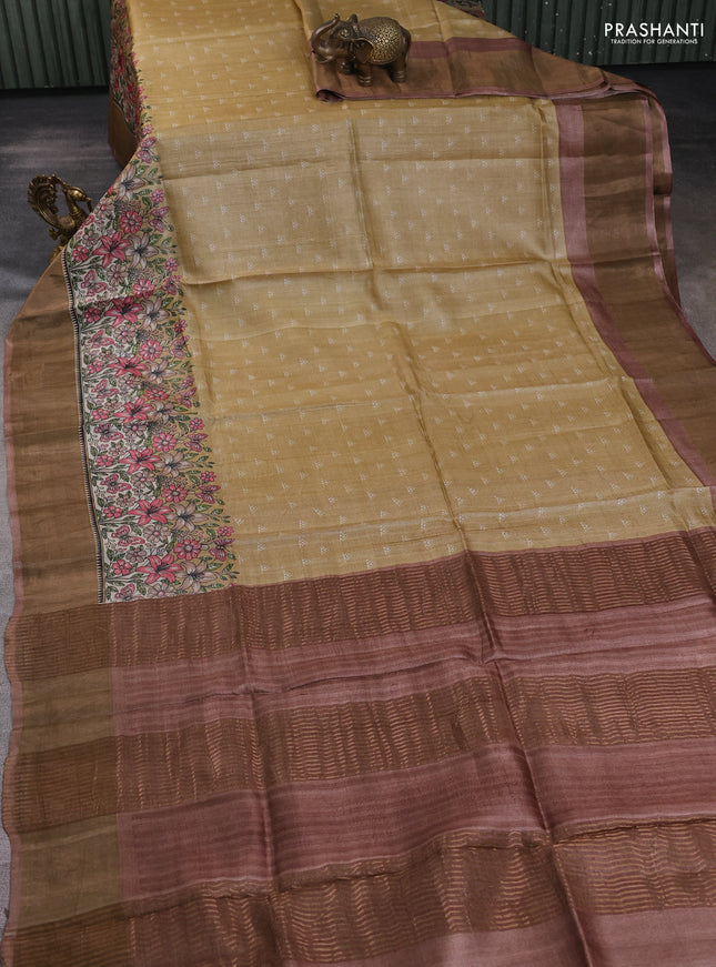 Pure tussar silk saree sandal and pastel brown with allover geometric butta prints and zari woven border
