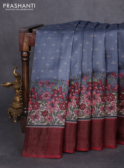Pure tussar silk saree grey and maroon with allover floral prints and zari woven border