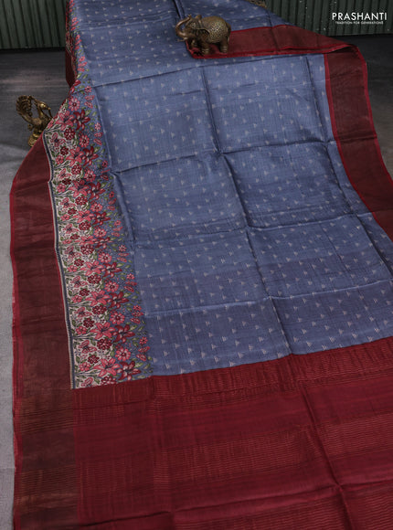 Pure tussar silk saree grey and maroon with allover floral prints and zari woven border