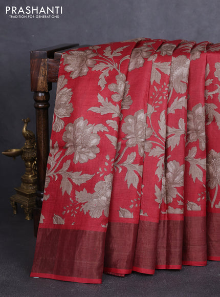 Pure tussar silk saree maroon with allover floral prints and zari woven border