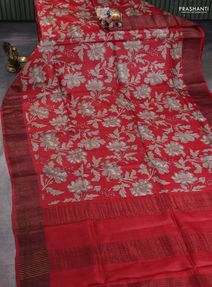 Pure tussar silk saree maroon with allover floral prints and zari woven border