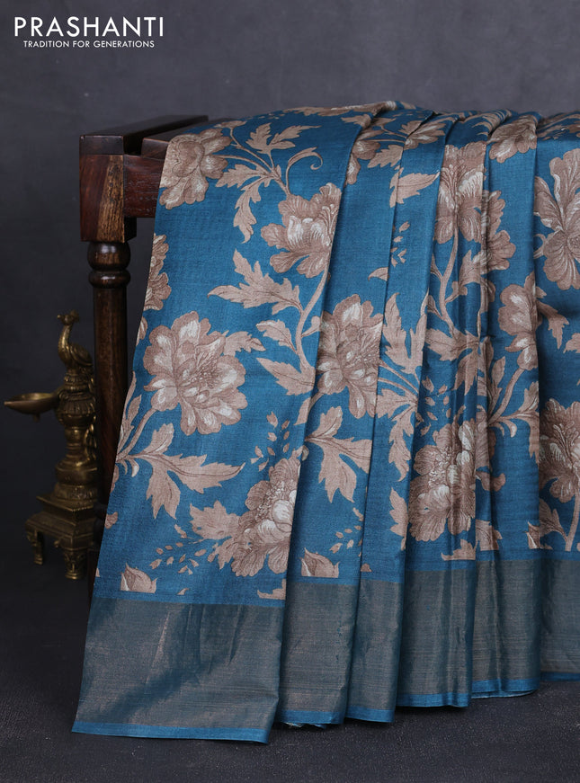 Pure tussar silk saree peacock green with allover floral prints and zari woven border