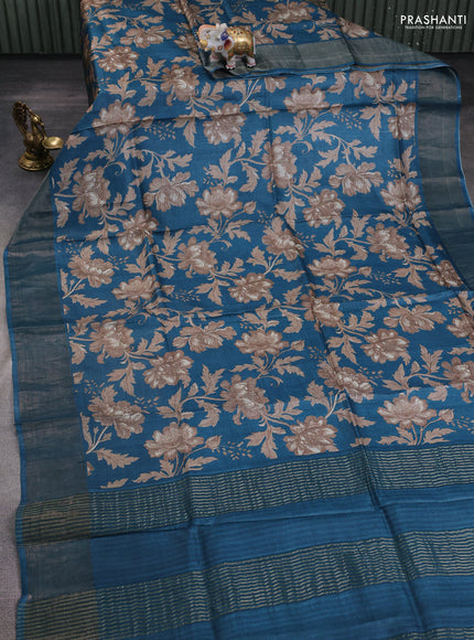 Pure tussar silk saree peacock green with allover floral prints and zari woven border