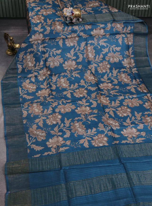 Pure tussar silk saree peacock green with allover floral prints and zari woven border