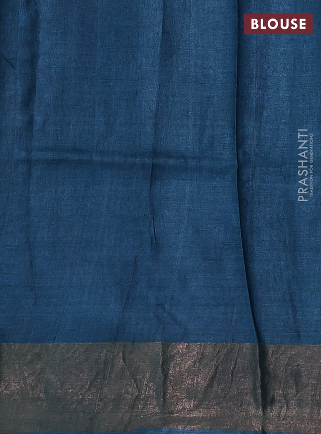 Pure tussar silk saree peacock green with allover floral prints and zari woven border