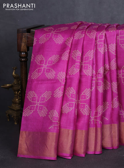 Pure tussar silk saree pink with allover geomatric prints and zari woven border