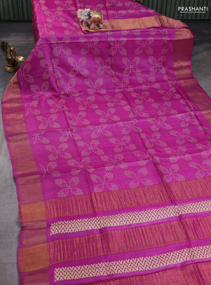 Pure tussar silk saree pink with allover geomatric prints and zari woven border