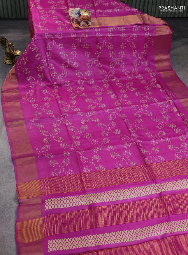 Pure tussar silk saree pink with allover geomatric prints and zari woven border