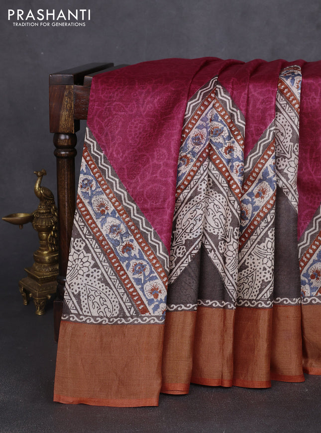 Pure tussar silk saree dark pink and rustic orange with allover prints and zari woven border