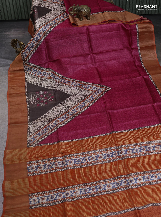 Pure tussar silk saree dark pink and rustic orange with allover prints and zari woven border