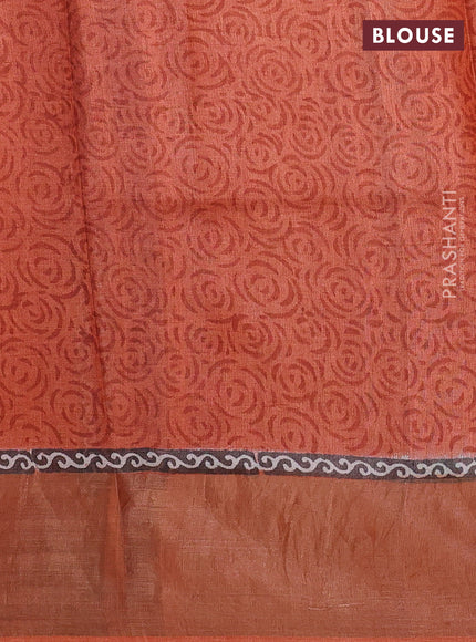 Pure tussar silk saree dark pink and rustic orange with allover prints and zari woven border