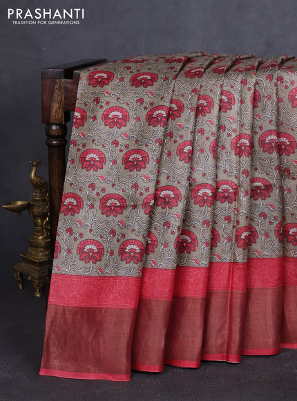 Pure tussar silk saree pastel green and maroon with allover prints and zari woven border