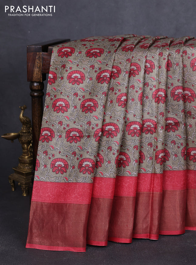 Pure tussar silk saree pastel green and maroon with allover prints and zari woven border