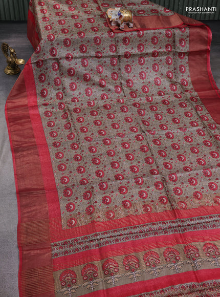 Pure tussar silk saree pastel green and maroon with allover prints and zari woven border