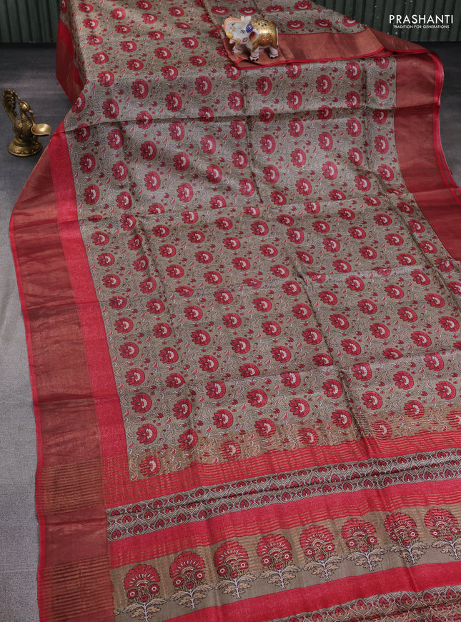 Pure tussar silk saree pastel green and maroon with allover prints and zari woven border