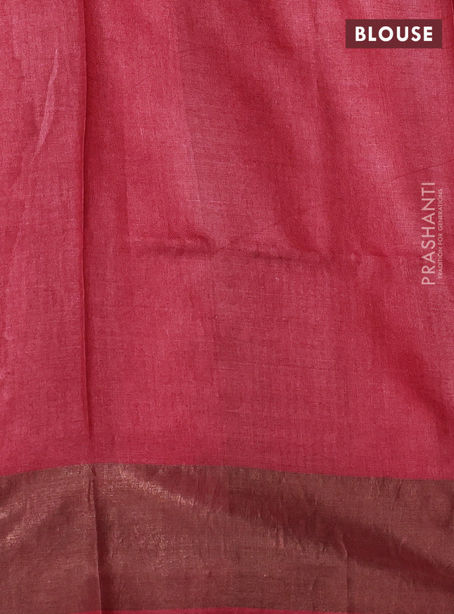 Pure tussar silk saree pastel green and maroon with allover prints and zari woven border
