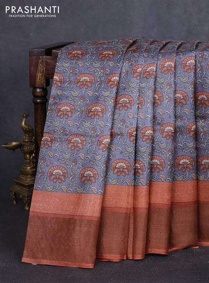 Pure tussar silk saree grey and rustic orange with allover prints and zari woven border