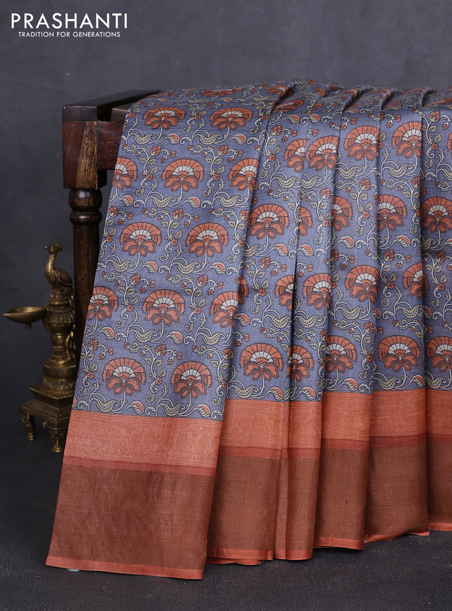 Pure tussar silk saree grey and rustic orange with allover prints and zari woven border