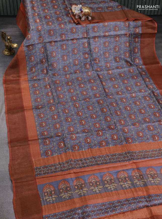 Pure tussar silk saree grey and rustic orange with allover prints and zari woven border