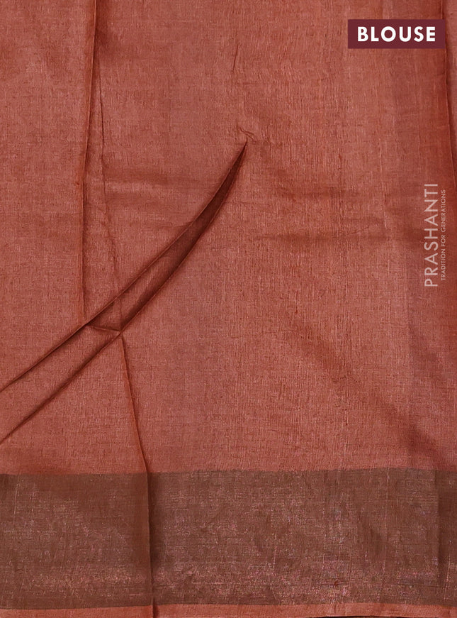 Pure tussar silk saree grey and rustic orange with allover prints and zari woven border