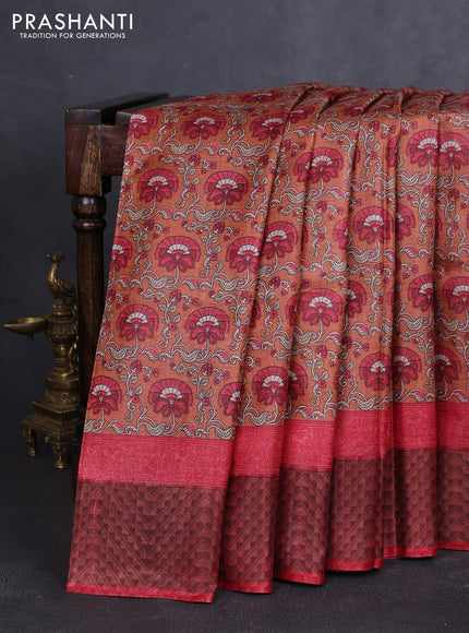 Pure tussar silk saree rustic orange and maroon with allover prints and zari woven border
