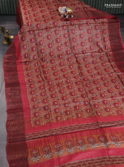 Pure tussar silk saree rustic orange and maroon with allover prints and zari woven border